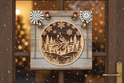 Christmas Cardinal Bird Laser Cut SVG, Winter Cardinal Bird Round Ornament Cut File