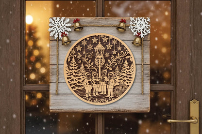 Christmas Carolers Round Laser Cut SVG, Christmas Caroling Ornament Cut File