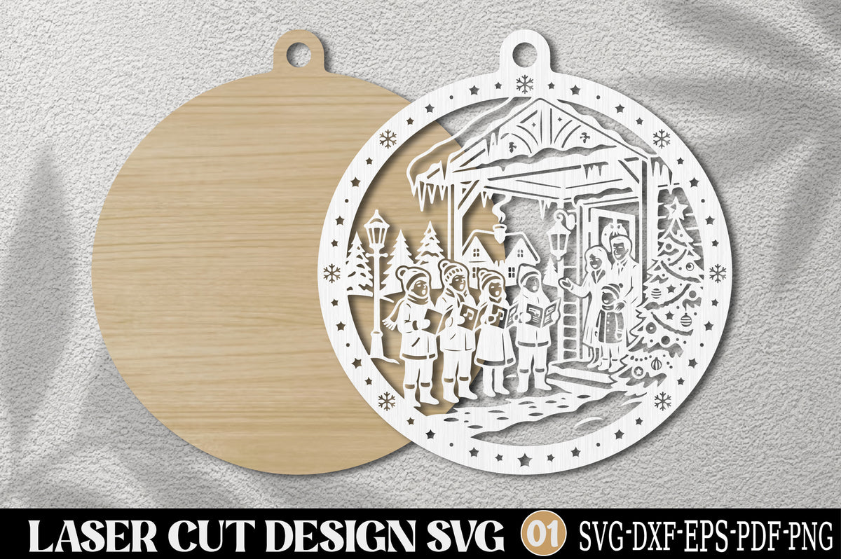 Christmas Carolers Village Scene Laser Cut SVG | Winter Christmas Ornament