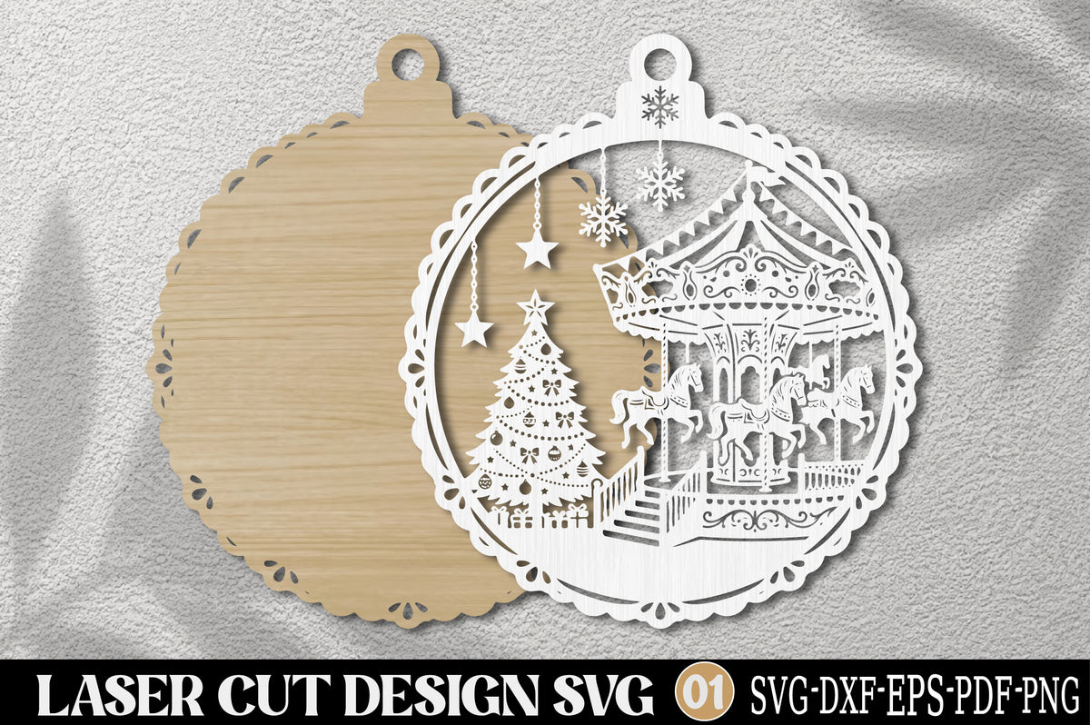 Christmas Carousel Scene Laser Cut SVG | Christmas Carousel Ornament SVG