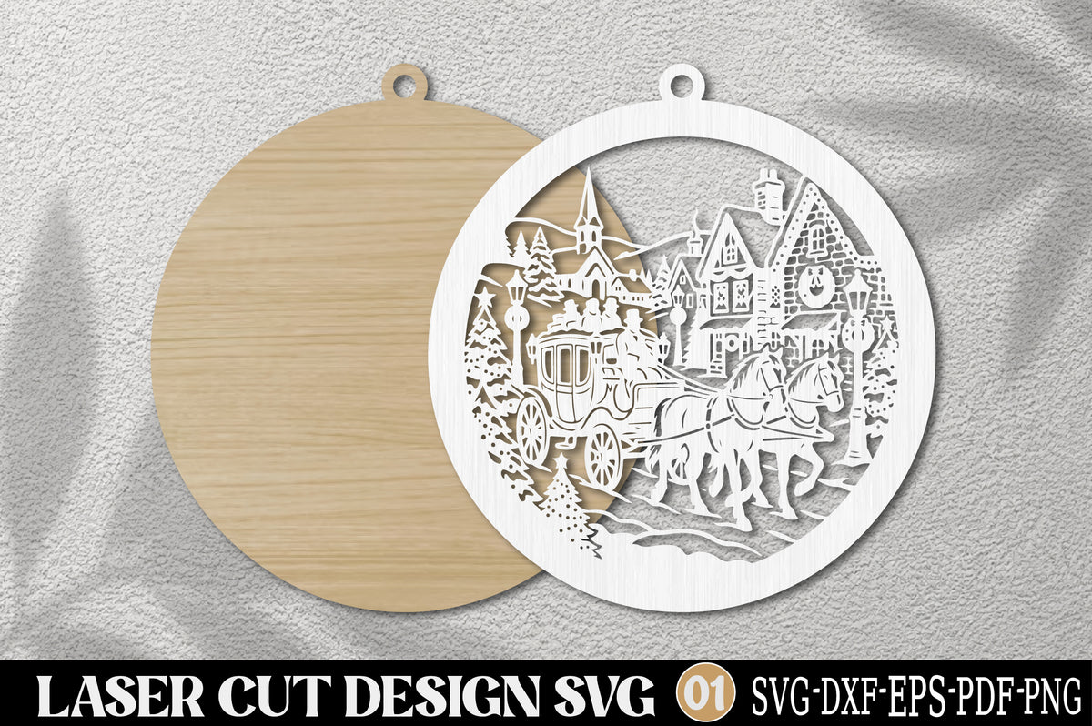 Christmas Carriage Ornament Laser Cut SVG | Horse Carriage Christmas Ornament Design