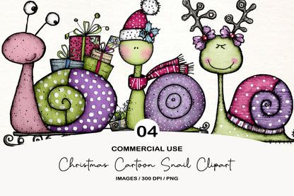 Christmas Cartoon Snail Clipart PNG Bundle | Cute Watercolor Holiday Snail Clipart | Festive Winter Snail PNG