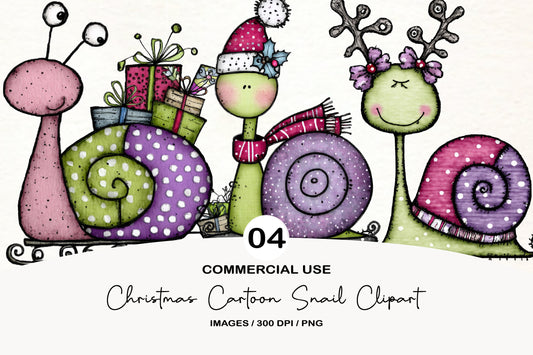 Christmas Cartoon Snail Clipart PNG Bundle | Cute Watercolor Holiday Snail Clipart | Festive Winter Snail PNG