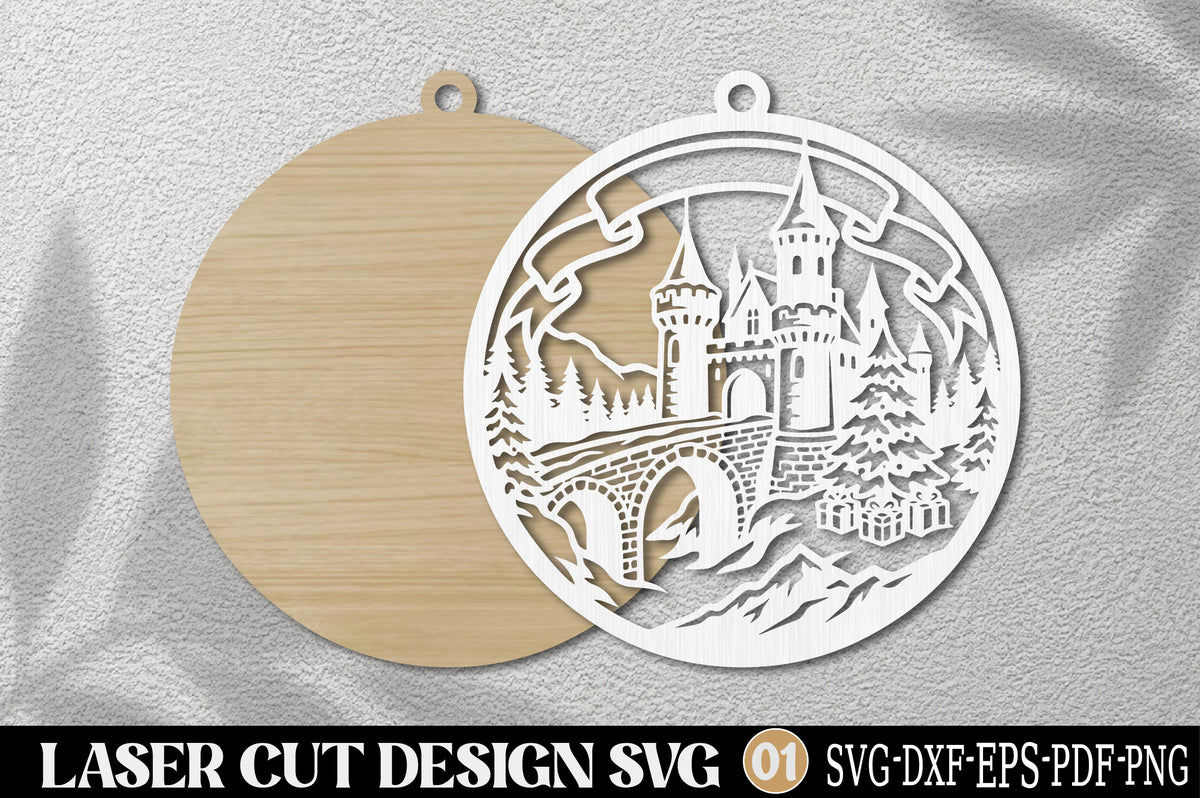 Christmas Castle Ornament Laser Cut SVG | Winter Castle Christmas Ornament Design