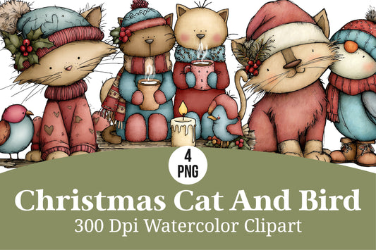 Christmas Cat and Bird Watercolor Clipart PNG Bundle