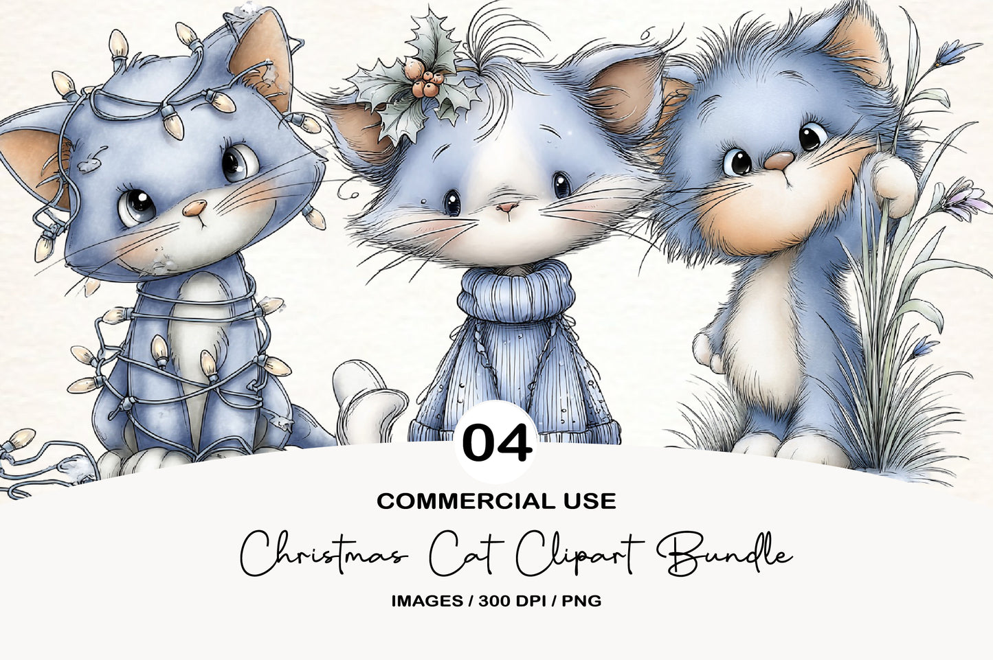 Christmas Cat Clipart Bundle | Cute Watercolor Holiday Cats PNG | Festive Christmas Cat Clipart