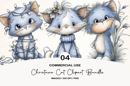 Christmas Cat Clipart Bundle | Cute Watercolor Holiday Cats PNG | Festive Christmas Cat Clipart