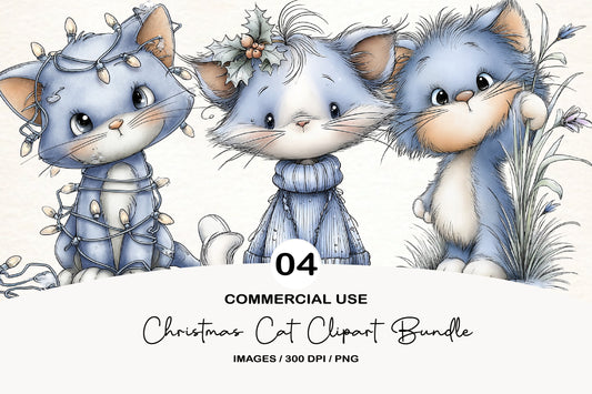 Christmas Cat Clipart Bundle | Cute Watercolor Holiday Cats PNG | Festive Christmas Cat Clipart