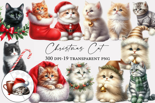 Christmas Cat Clipart PNG Cute Christmas Cat Sublimation