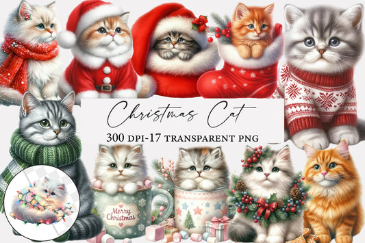 Christmas Cat Clipart PNG Cute Holiday Kittens Sublimation