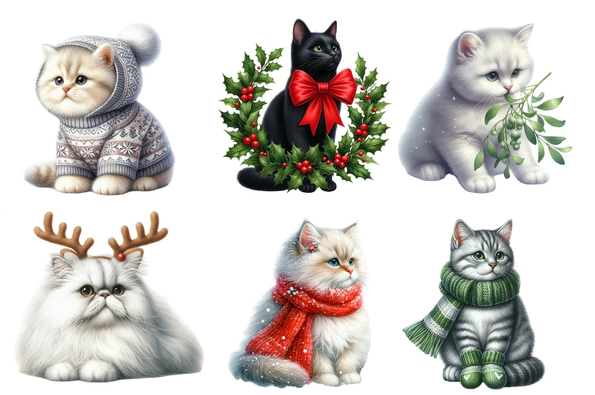 Christmas Cat Clipart PNG Cute Holiday Kittens Sublimation