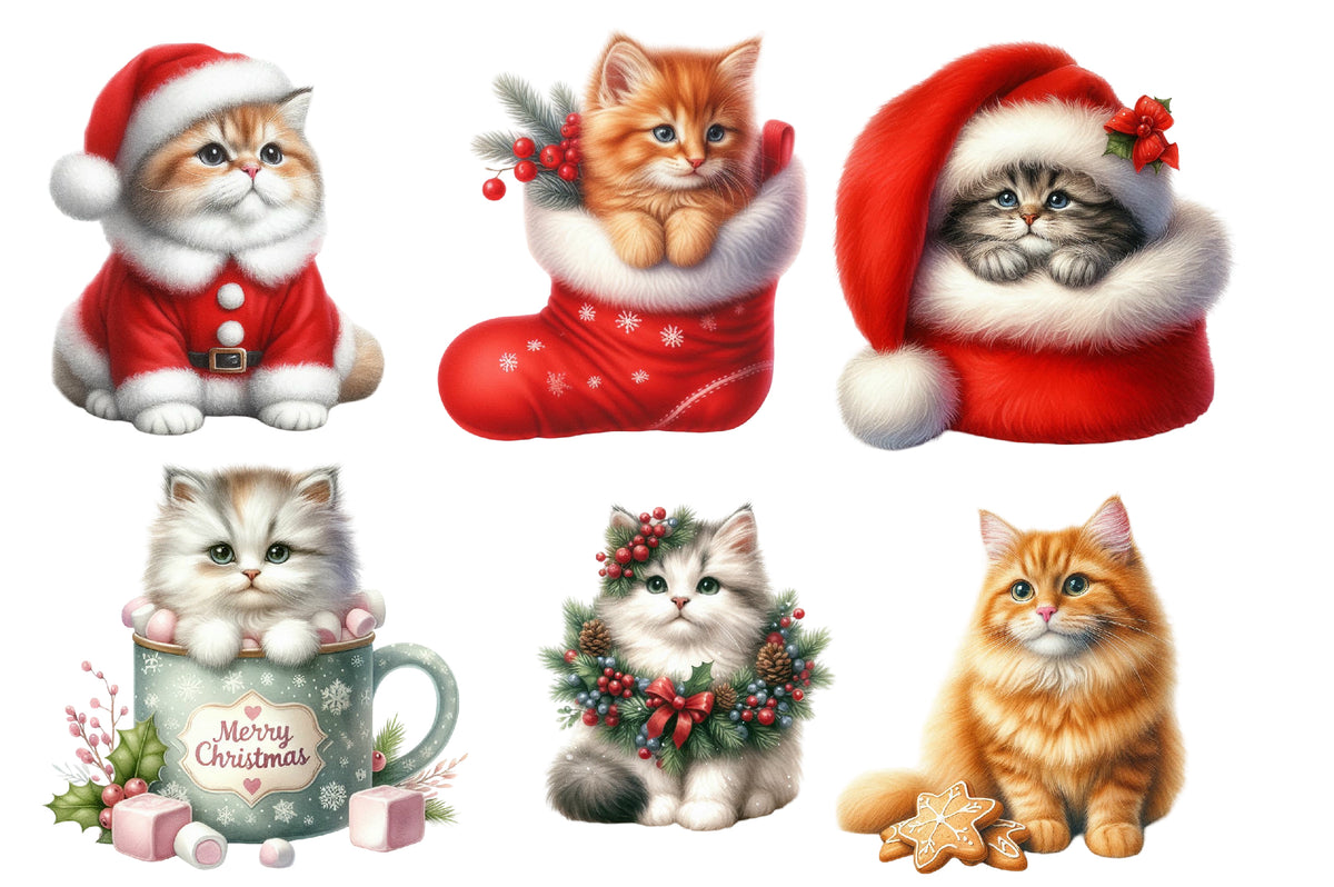 Christmas Cat Clipart PNG Cute Holiday Kittens Sublimation