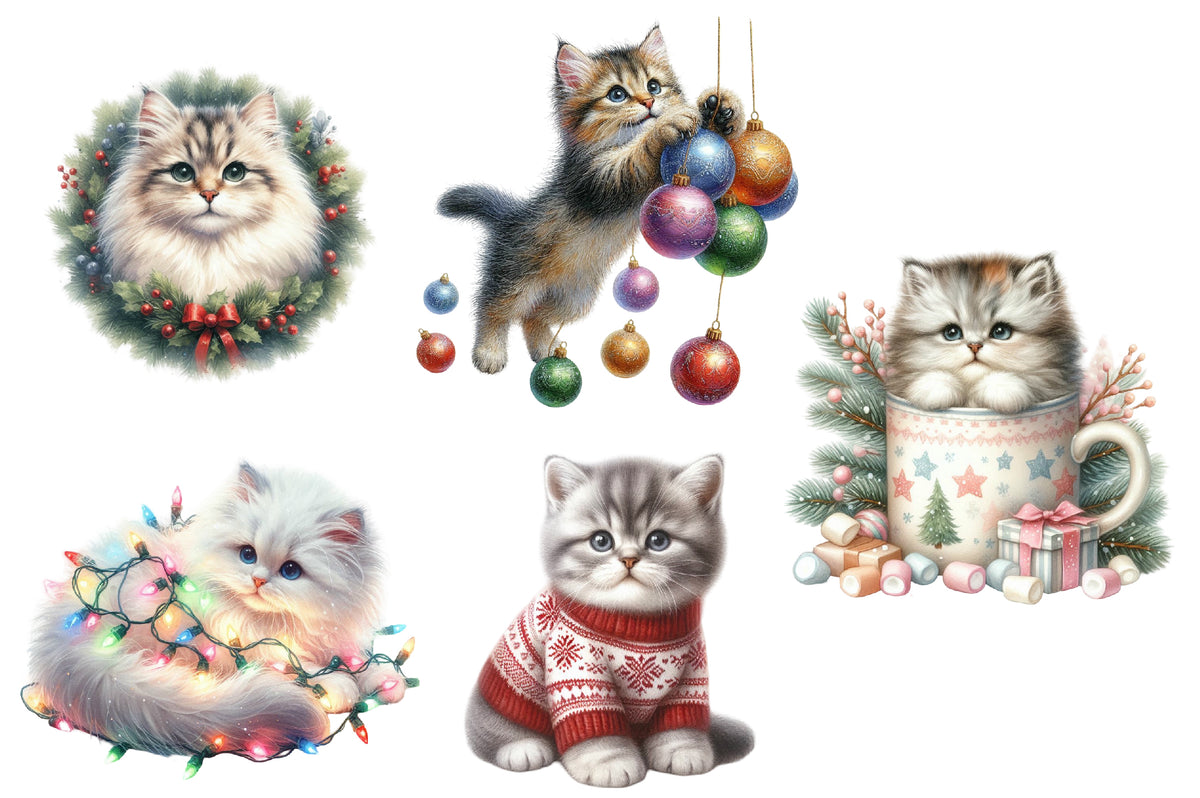 Christmas Cat Clipart PNG Cute Holiday Kittens Sublimation