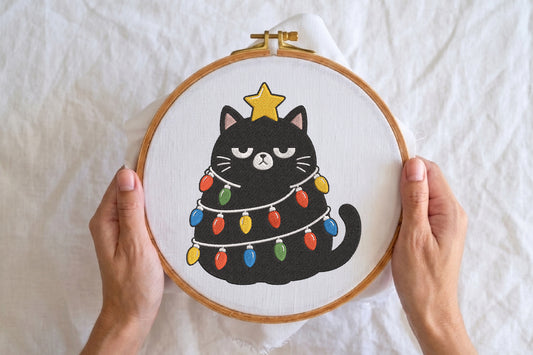 Christmas Cat Embroidery Design – Cute Christmas Cat Machine Embroidery Pattern, Festive Holiday Cat Embroidery Design