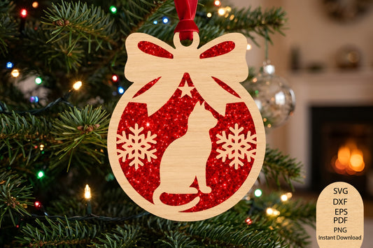 Christmas Cat Ornament Laser Cut SVG, Cat Christmas Ornament Cut File, Holiday Pet Ornament SVG, Christmas Decor