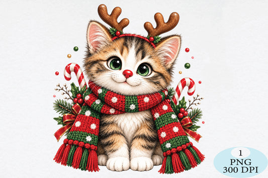Christmas Cat Reindeer Scarf PNG Sublimation Design