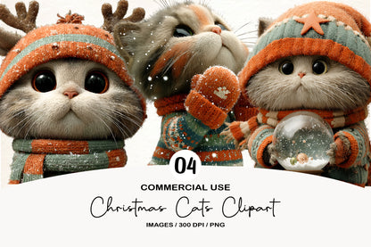 Christmas Cats Clipart PNG Bundle | Cute Watercolor Holiday Cat Clipart | Festive Christmas Kitty PNG
