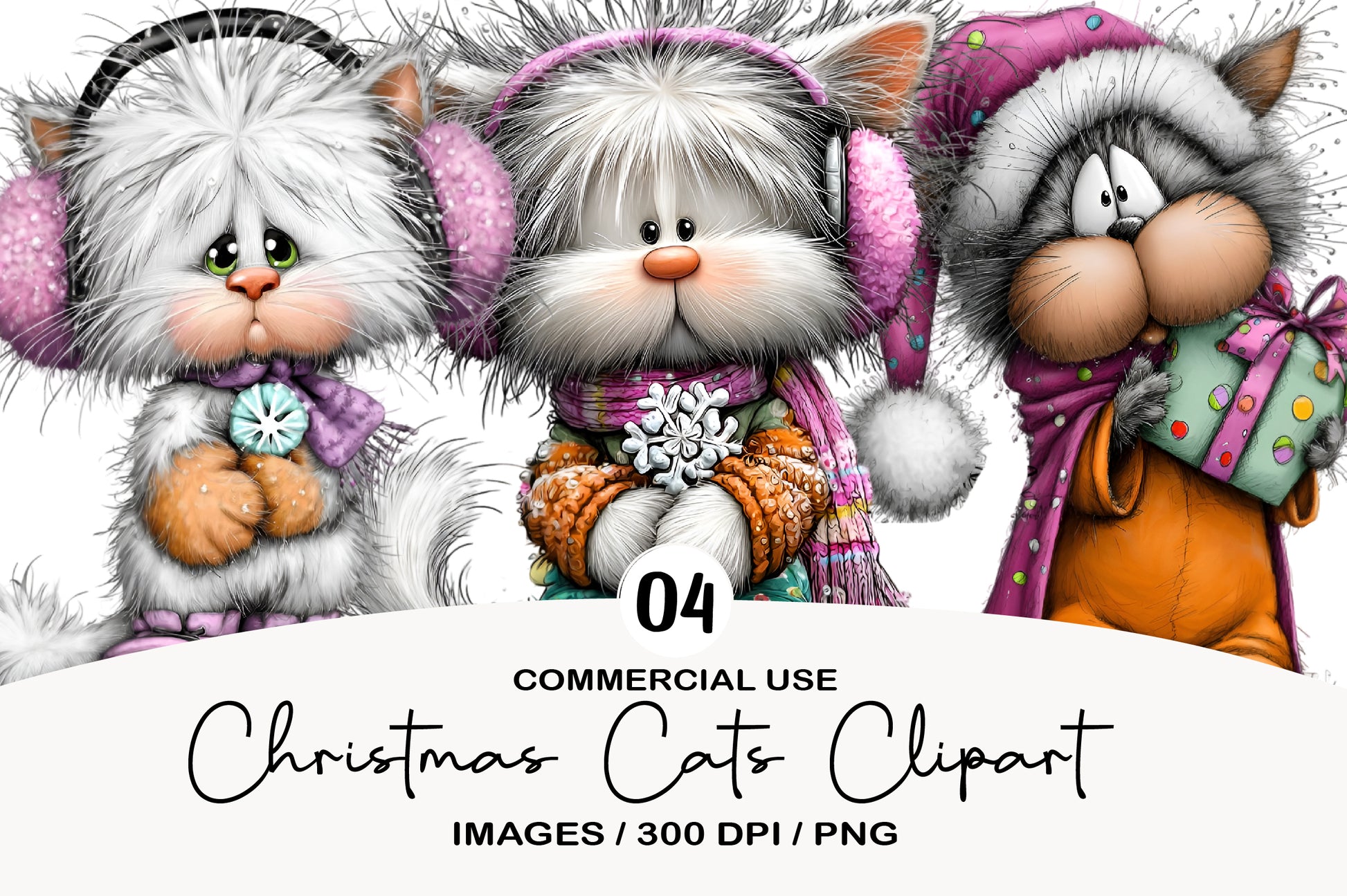 Cute Christmas Cats Clipart PNG