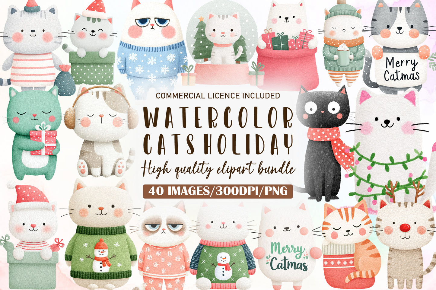 Christmas Cats Clipart PNG Bundle