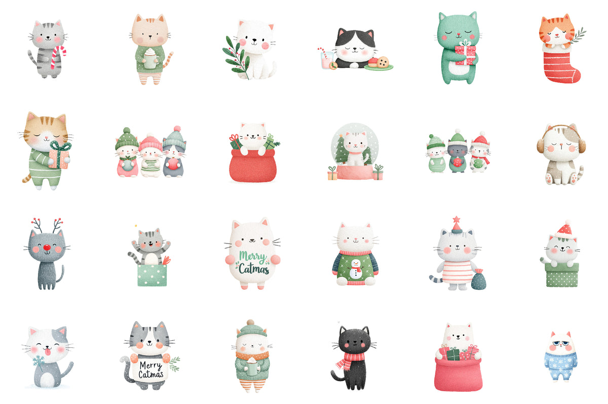 Christmas Cats Clipart PNG Bundle