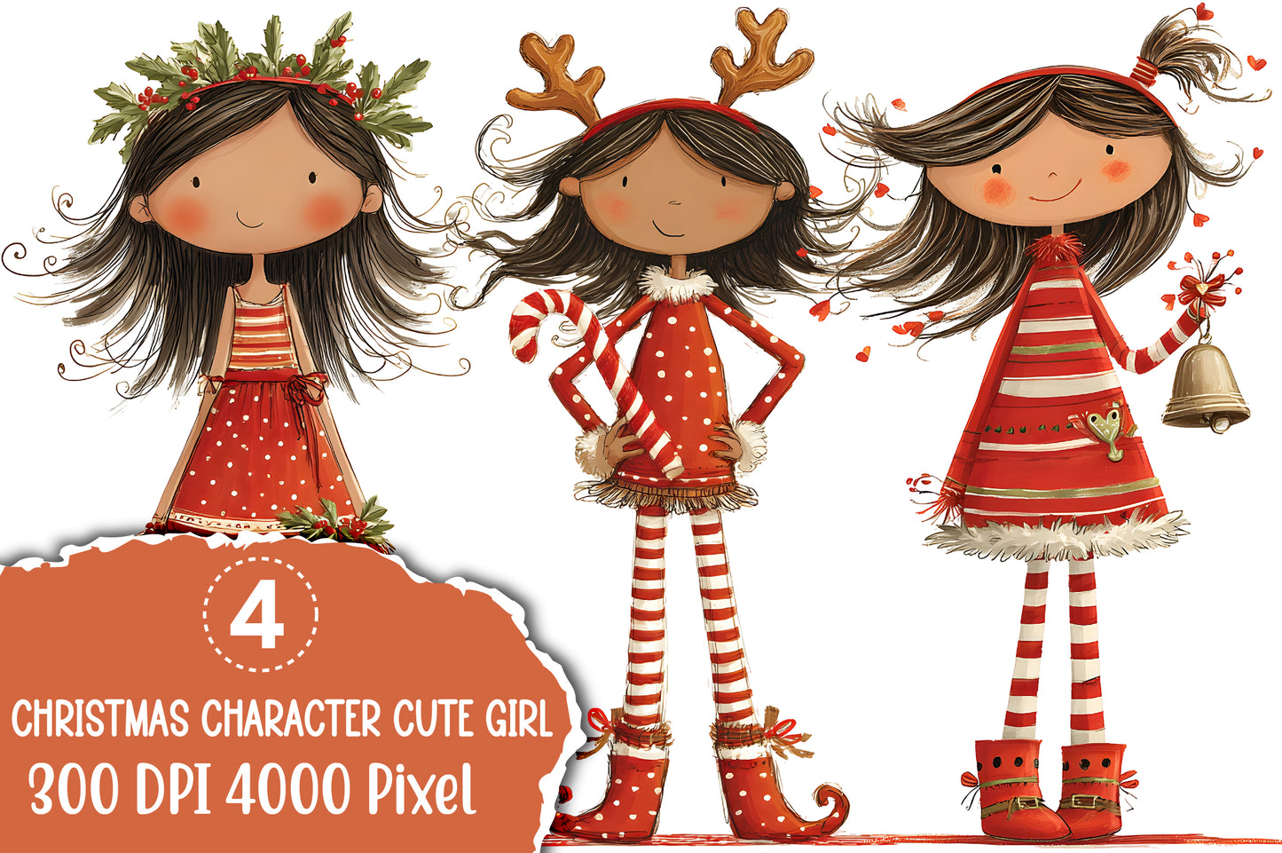 Cute Christmas Girl Clipart PNG – 4 Christmas Character Designs