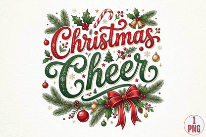 Christmas Cheer PNG, Christmas Holiday Wreath Sublimation Design, Festive Red Green Christmas Quote PNG