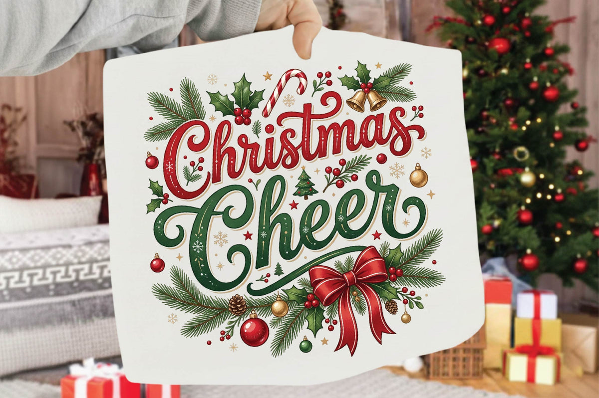 Christmas Cheer PNG, Christmas Holiday Wreath Sublimation Design, Festive Red Green Christmas Quote PNG