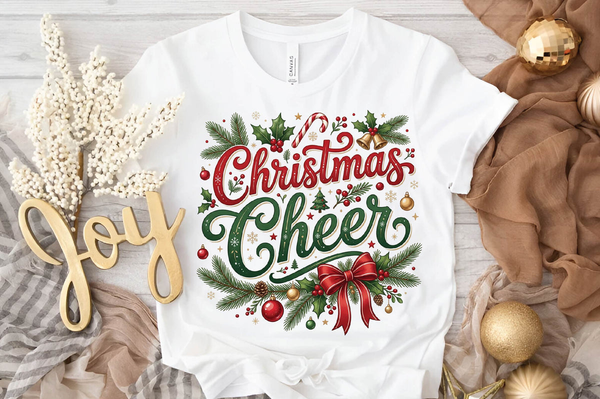 Christmas Cheer PNG, Christmas Holiday Wreath Sublimation Design, Festive Red Green Christmas Quote PNG