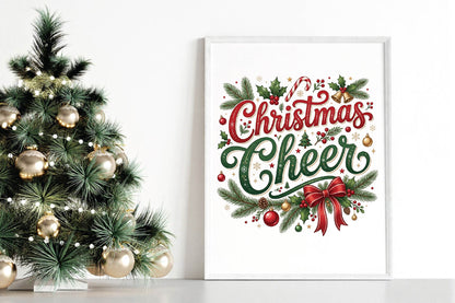 Christmas Cheer PNG, Christmas Holiday Wreath Sublimation Design, Festive Red Green Christmas Quote PNG