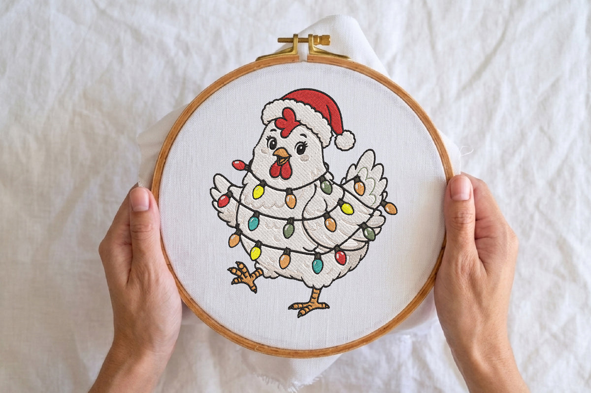 Christmas Chicken Embroidery Design – Cute Festive Chicken Machine Embroidery Pattern, Farmhouse Christmas Embroidery Design