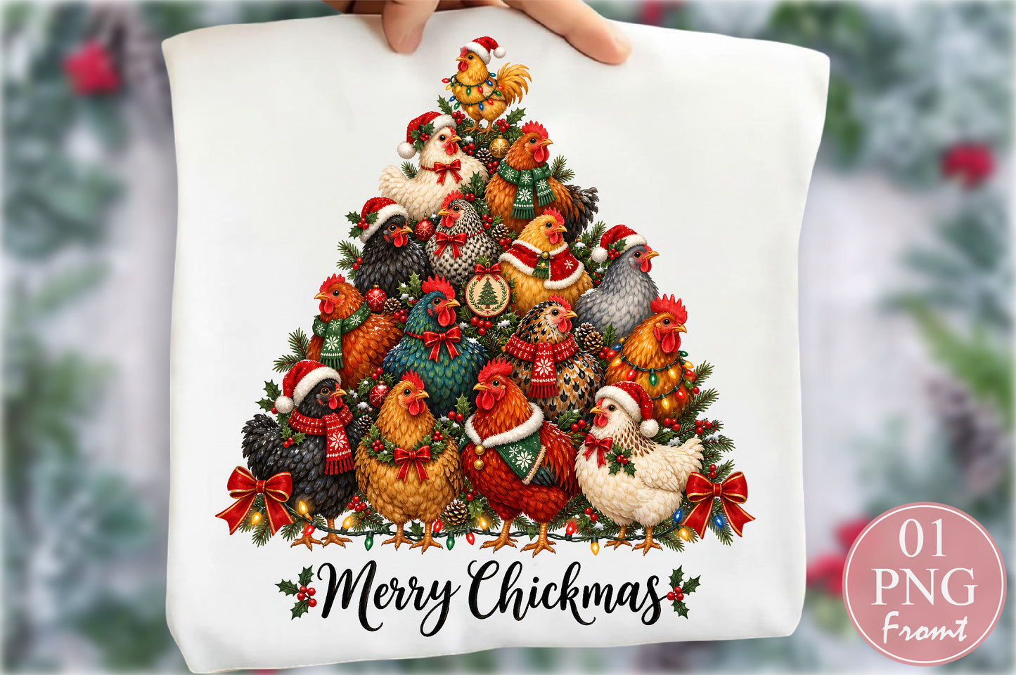 Merry Christmas Chicken Tree PNG Sublimation Design, Festive Chicken Family