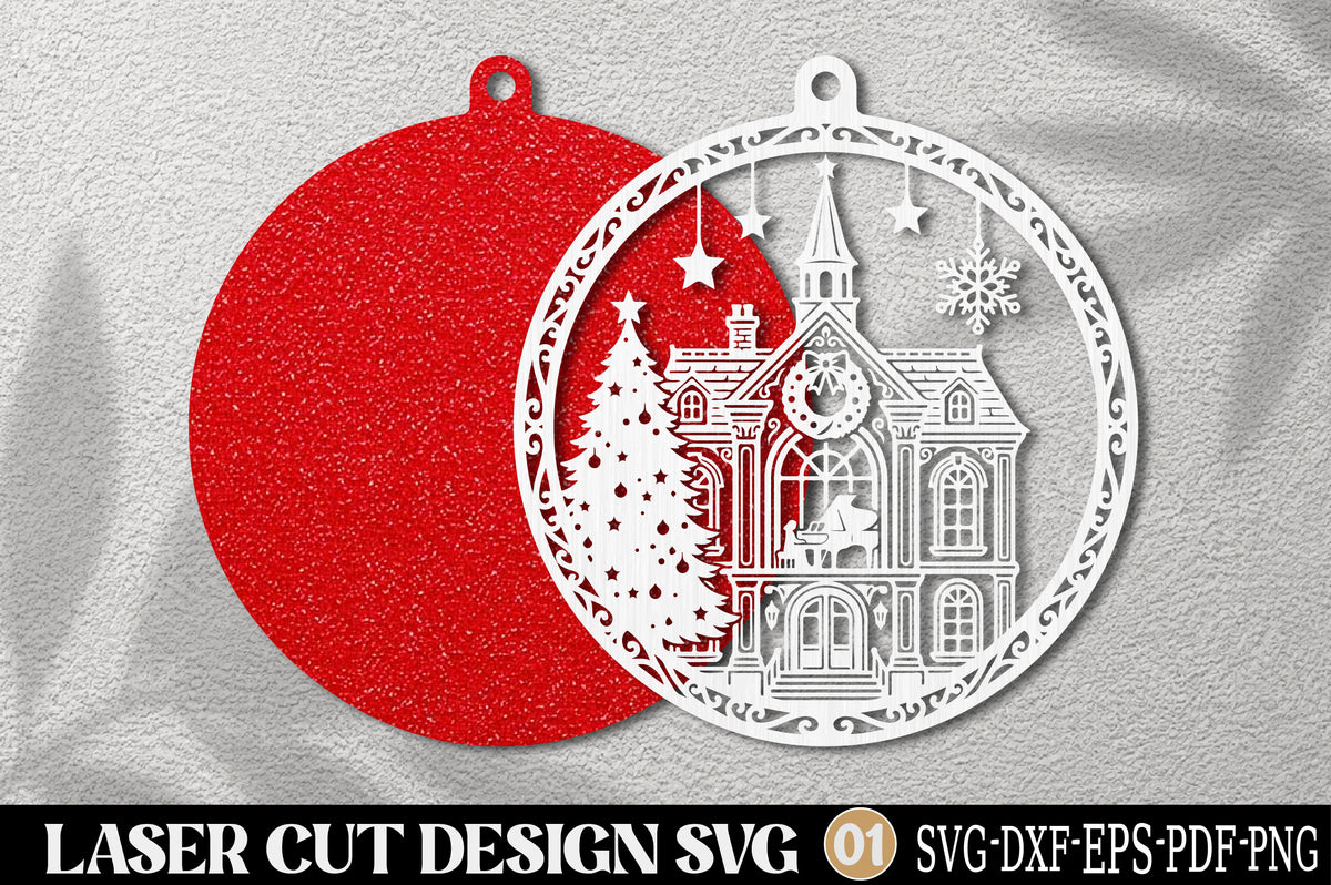 Christmas Church House Ornament Laser Cut SVG | Vintage Christmas Tree Winter Ornament Design