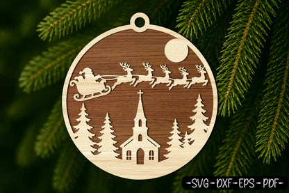 Christmas Church Ornament Laser Cut SVG | Santa Sleigh Christmas Ornament