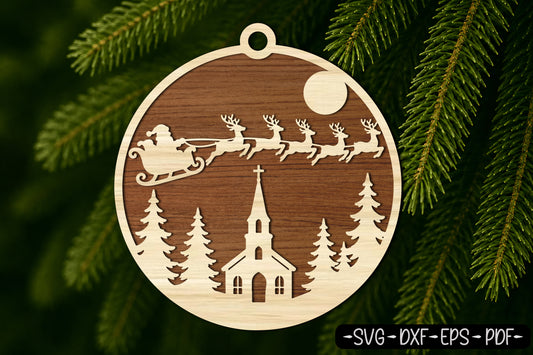 Christmas Church Ornament Laser Cut SVG | Santa Sleigh Christmas Ornament