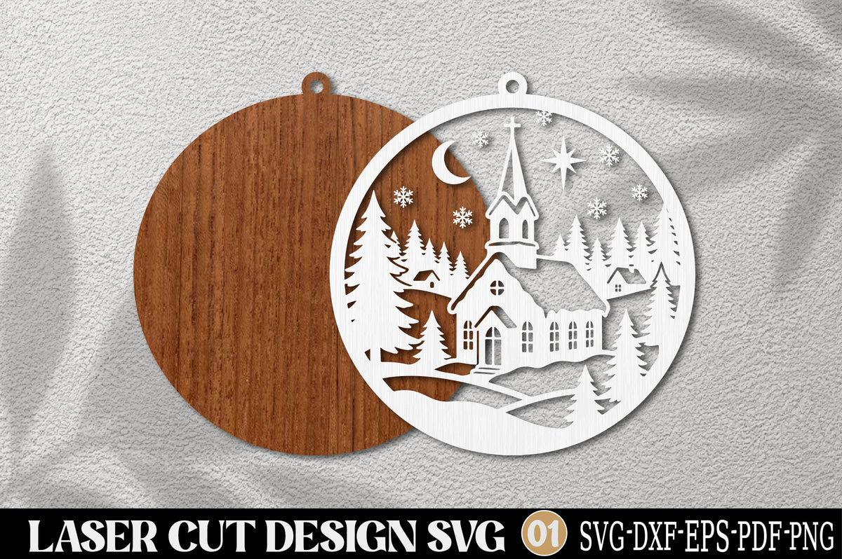 Christmas Church Ornament Laser Cut SVG | Winter Chapel Forest Christmas Ornament Design