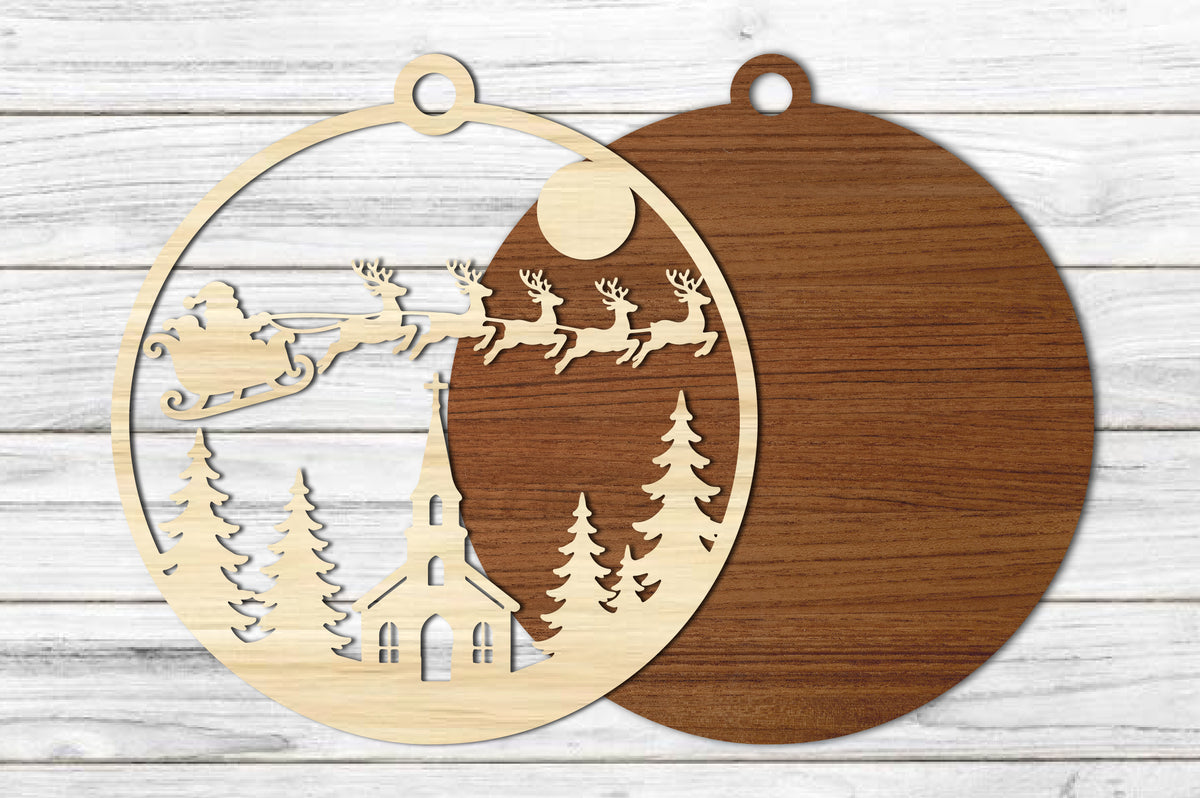 Christmas Church Ornament Laser Cut SVG | Santa Sleigh Christmas Ornament