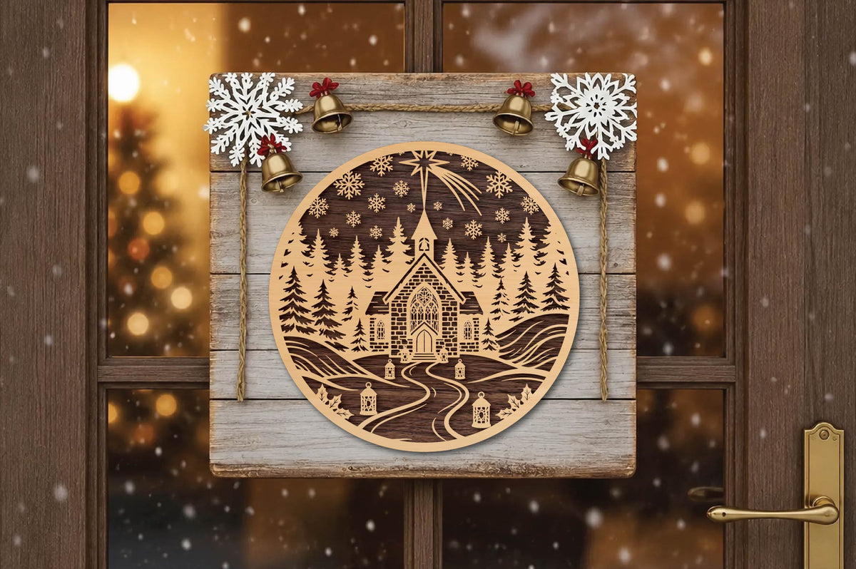 Christmas Church Laser Cut SVG, Winter Church Ornament Cut File, Christmas Nativity Church Scene