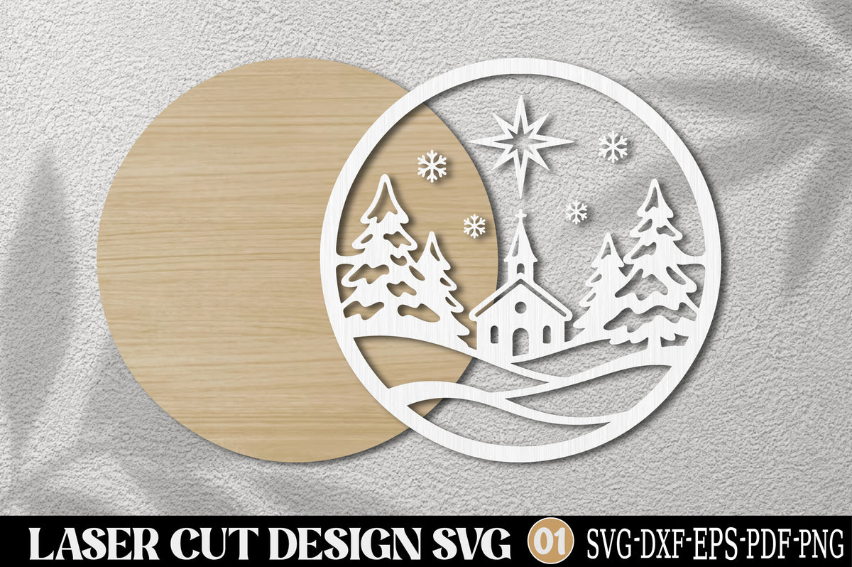 Christmas Church Scene Laser Cut SVG | Winter Chapel Pine Tree Ornament Design