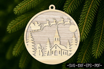 Christmas Church Snowman Ornament Laser Cut SVG | Santa Sleigh
