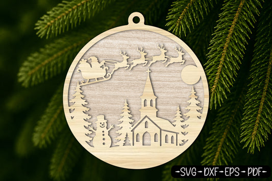 Christmas Church Snowman Ornament Laser Cut SVG | Santa Sleigh