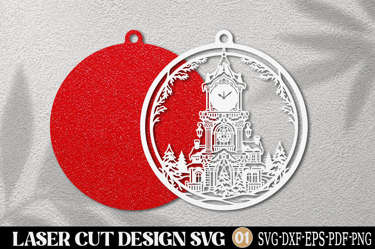 Christmas Clock Tower Village Ornament Laser Cut SVG | Winter Holiday Scene