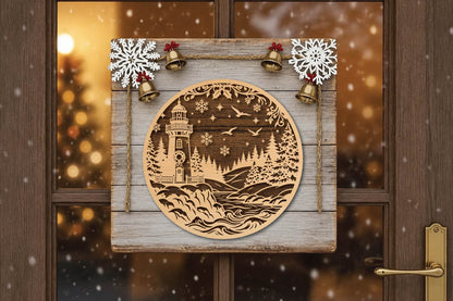 Christmas Coastal Lighthouse Laser Cut SVG, Seaside Winter Ornament Cut File