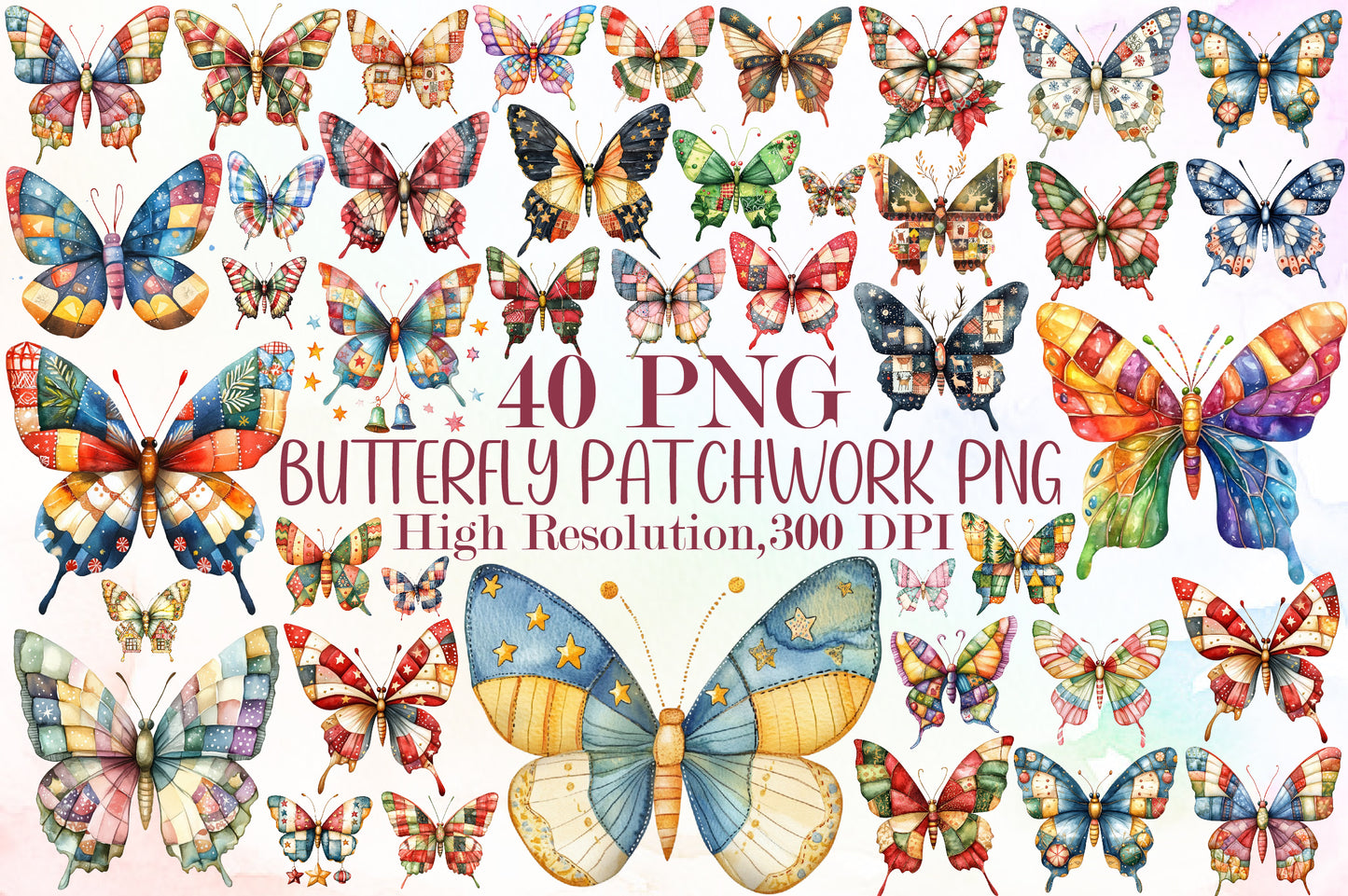 Christmas Butterfly PNG Bundle Colorful Patchwork Butterfly Clipart