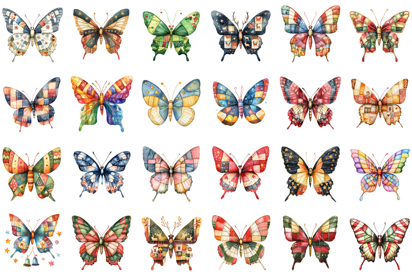 Christmas Butterfly PNG Bundle Colorful Patchwork Butterfly Clipart