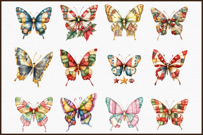 Christmas Butterfly PNG Bundle Colorful Patchwork Butterfly Clipart