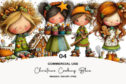 Christmas Cooking Blue Clipart PNG Bundle | Cute Watercolor Holiday Baking Clipart | Blue Kitchen Christmas PNG