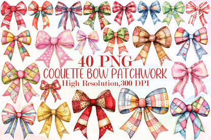 Christmas Coquette Bow PNG Bundle Patchwork Bow Clipart