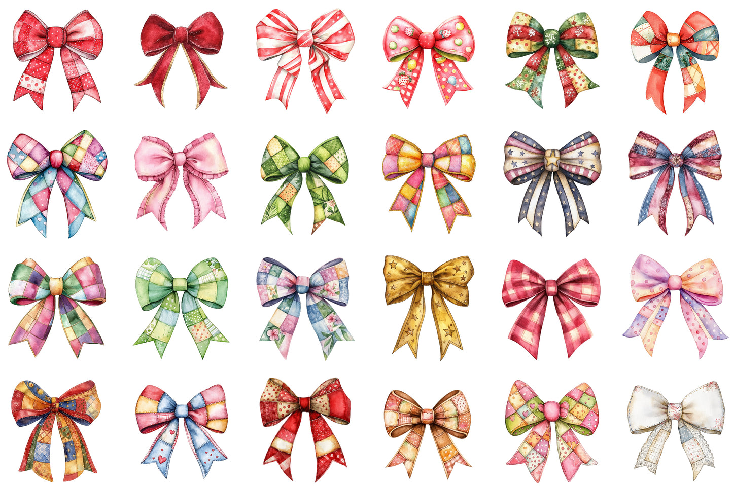 Christmas Coquette Bow PNG Bundle Patchwork Bow Clipart