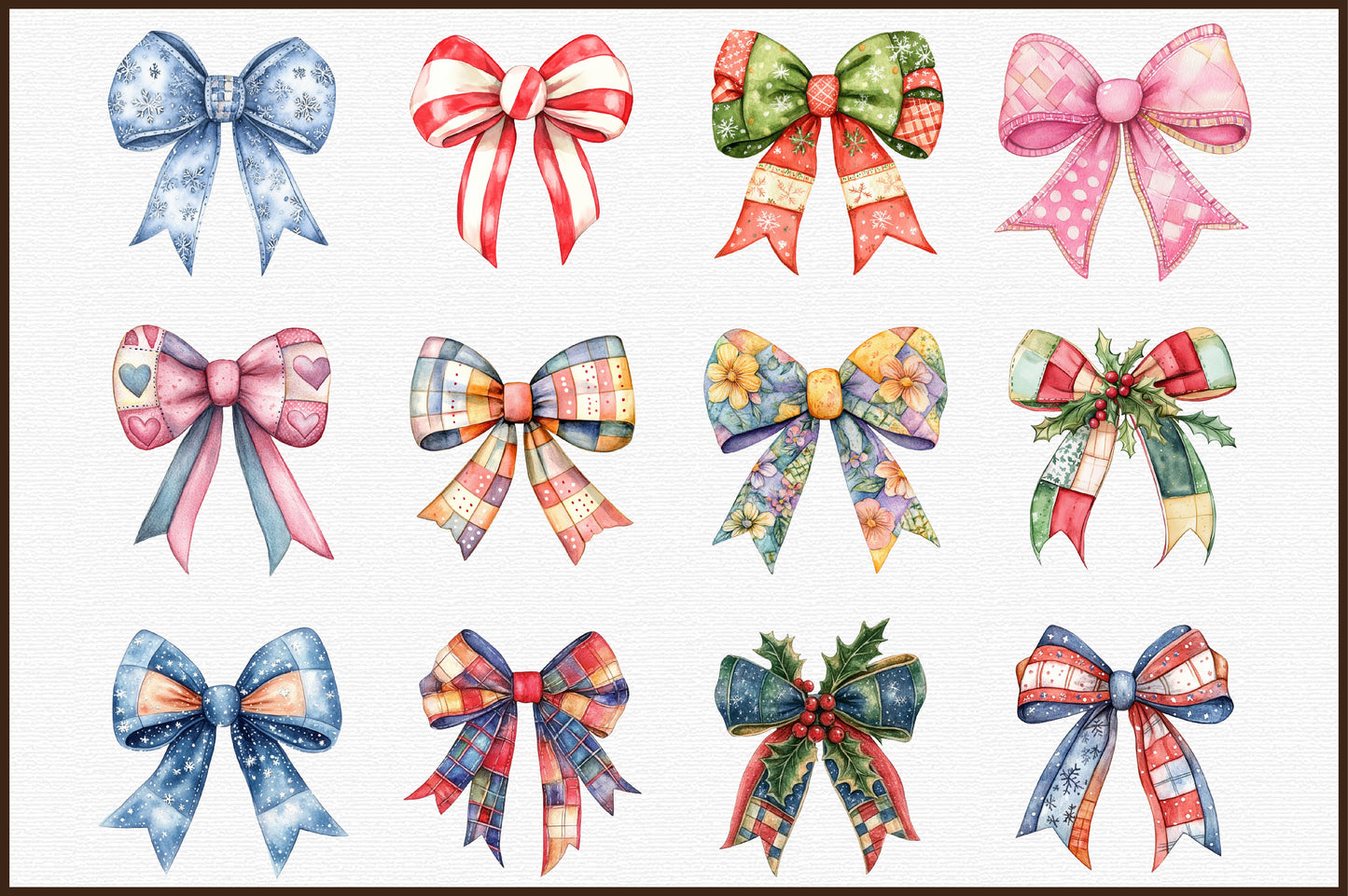 Christmas Coquette Bow PNG Bundle Patchwork Bow Clipart