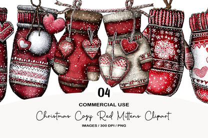 Christmas Cozy Red Mittens Clipart PNG Bundle | Cute Watercolor Holiday Mittens | Festive Winter Mittens PNG